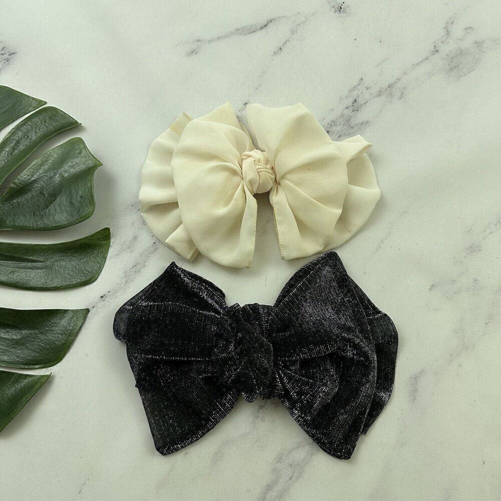 Vintage Hair Bow Barrette Lot of 2 Cream Silver Black Metallic Ruffle 90s Puffy